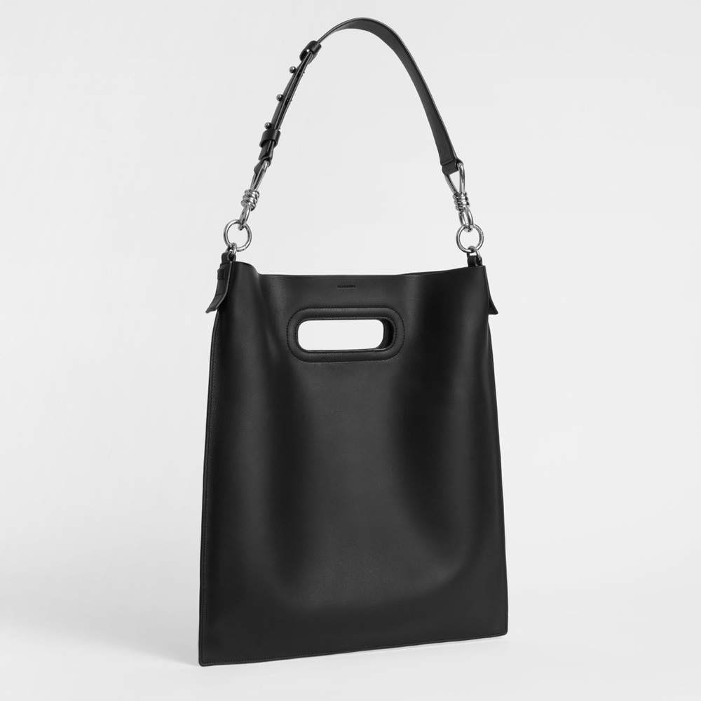 All Saints Captain Flat Black Leather Hobo Bag